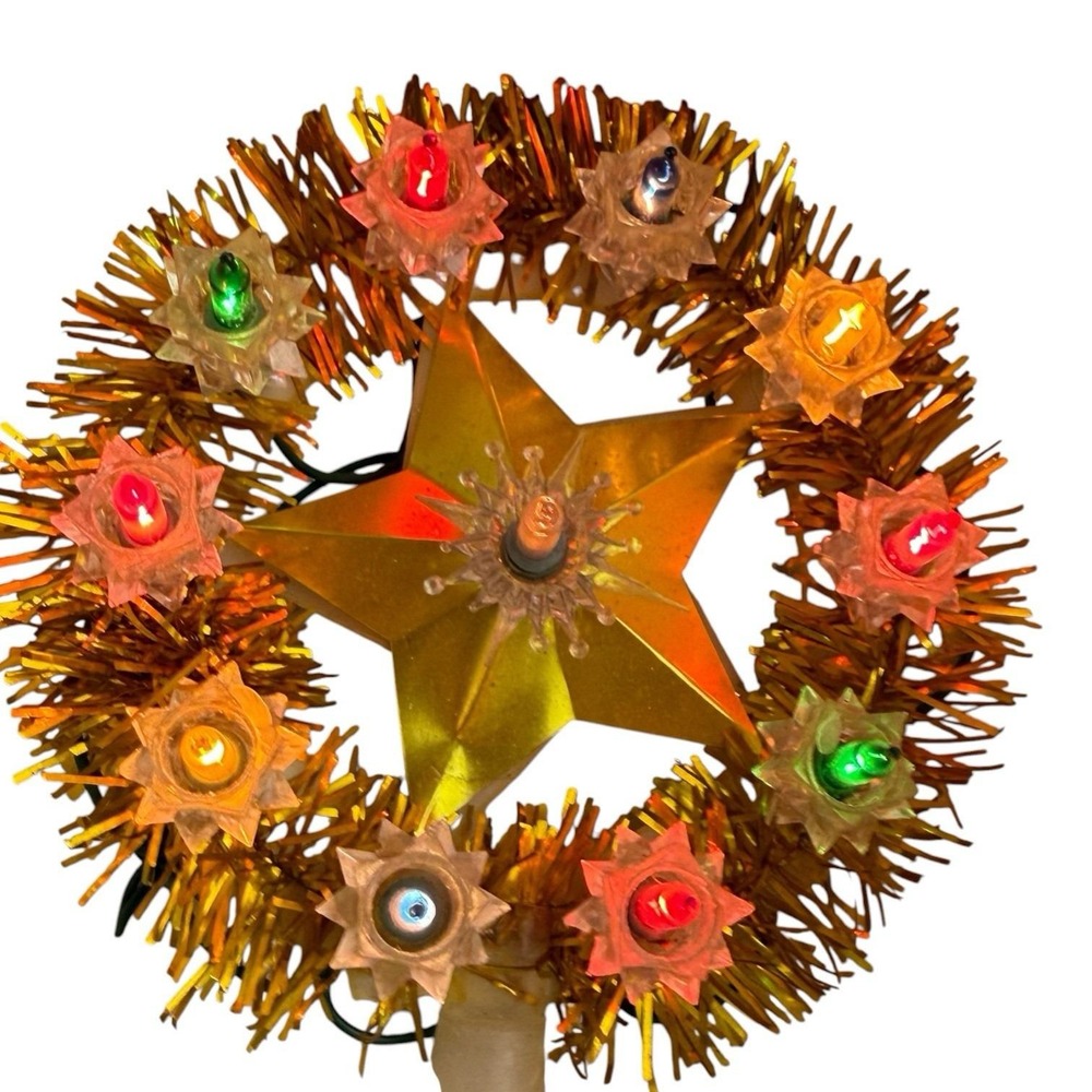 Vintage Star Tree Topper Top Gold Tinsel 11 Light Floral Reflector Christmas